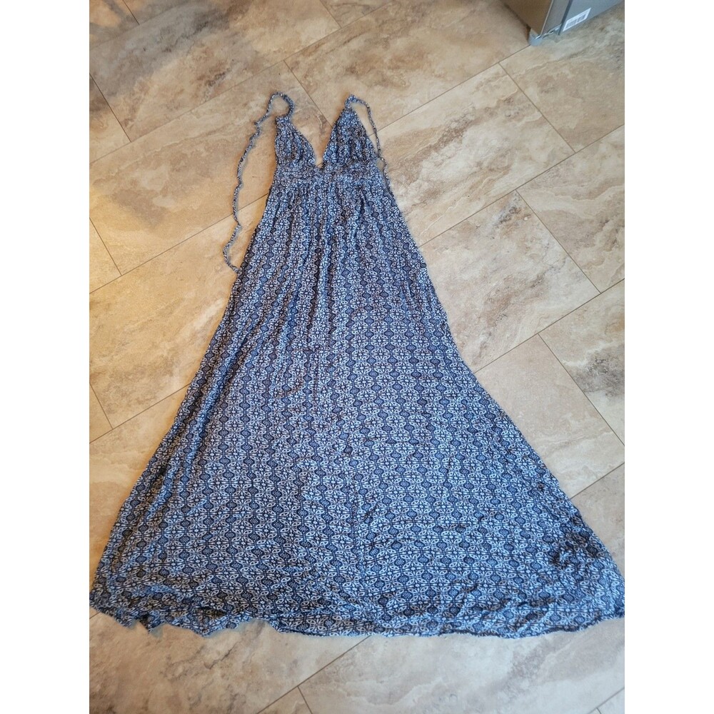 Lulu's Boho Cottagecore Beachy Coastal Blue Patterned Sundress Tie Back XS